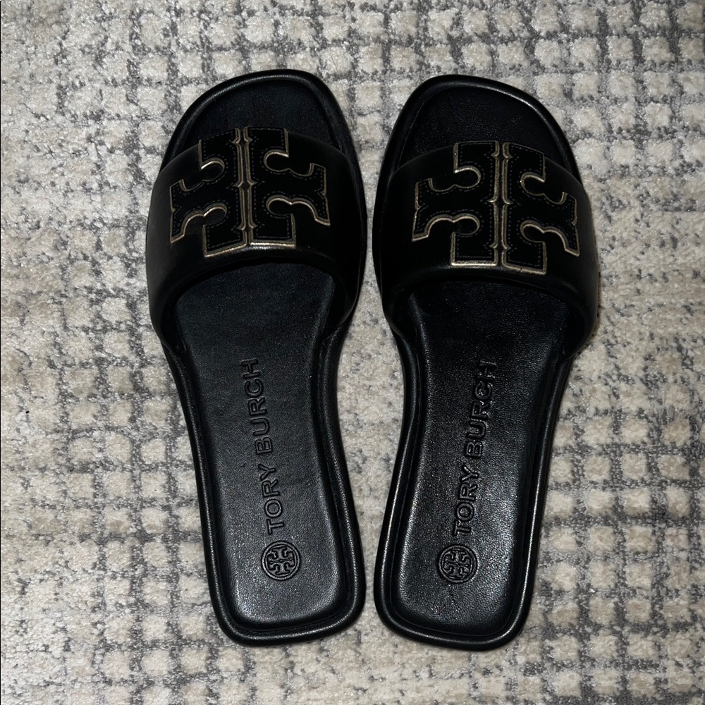 Tory Burch Black and Gold Slide Sandals